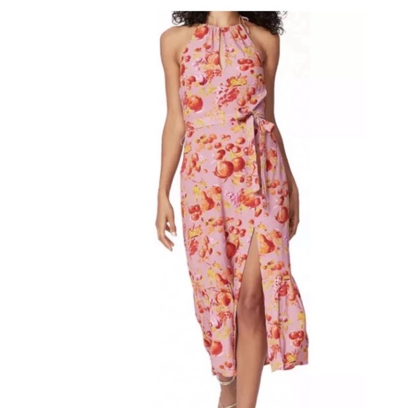 PAIGE Dresses & Skirts - PAIGE Pink Floral Halter Midi Dress with Side Slit and Waist Tie